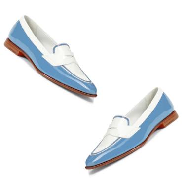 Imagem de Dystralix Mocassim feminino sem cadarço em dois tons, bico redondo, salto plano, mocassins casuais de 2,5 cm, salto baixo, oxford, confortável, chique, colorblock para escritório, 4-11 M EUA, Azul