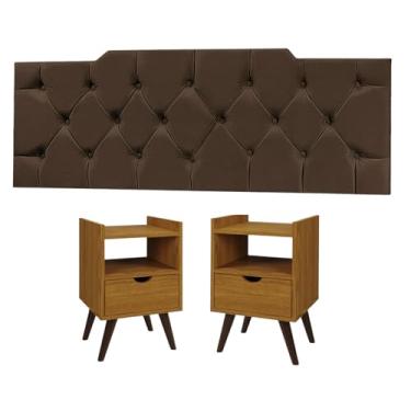 Imagem de Kit Cabeceira Capitonê 1,60m + 2 Mesas de Cabeceira Alice – Elegância e Praticidade para Seu Quarto(MARROM FREIJO)