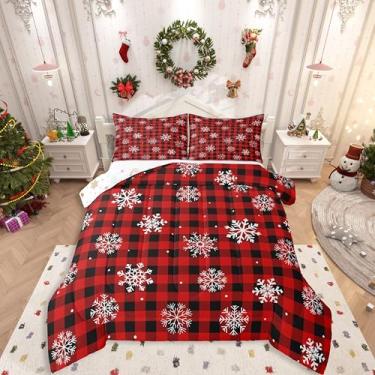 Imagem de Feelyou Conjunto de edredom infantil de Natal, tamanho casal, floco de neve, vermelho, preto, xadrez, para quarto de crianças, meninos, meninas, inverno, neve, microfibra, ultramacia, respirável