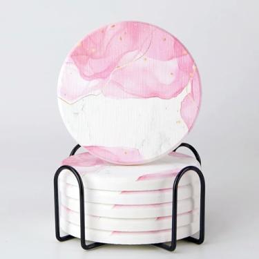 Imagem de Conjunto de 6 porta-copos de terra de diatomáceas com suporte – porta-copos absorventes de secagem rápida para copos quentes e frios, design redondo de pedra de mármore rosa, proteção de mesa moderna
