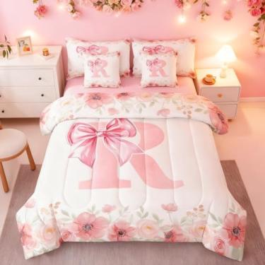 Imagem de Erosebridal Jogo de cama King com laço para meninas, letra R, cama em uma bolsa para crianças, adolescentes, conjunto de cama com monograma floral rosa, decoração de quarto, princesa sonhadora