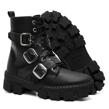 Imagem de Bota Coturno Feminina Tratorada Preta, Couro Sintético, 3 Fivelas, Cadarço, Solado Grosso, Cano Alto, Estilo Country, Casual (Preto, Único, BR, Adulto, Numérico, 36)