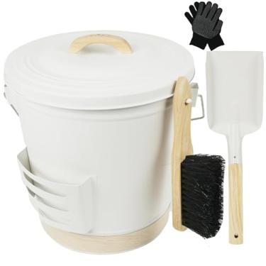 Imagem de Balde de cinzas com tampa e pá, vassoura de mão e vara, balde grande de cinzas de metal de 14 litros para conjunto de ferramentas de lareira, fogueiras, fogões a lenha, interno e externo, acampamento