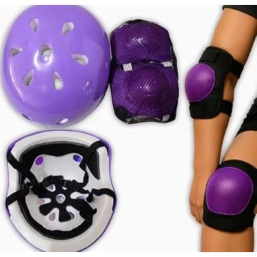 Imagem de Kit Proteção Esportes 7 Peças, Roxo e Preto, com Capacete, Joelheiras e Cotoveleiras