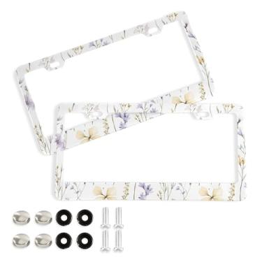 Imagem de SEHANY Molduras de placa de licença de flores florais coloridas, capas de moldura de placa de carro de alumínio à prova de ferrugem com orifícios elípticos e parafusos serve para veículos padrão dos