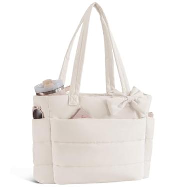 Imagem de Bolsa feminina acolchoada com suporte para copo e compartimento de laptop de 15,6 polegadas para trabalho, viagens, academia, faculdade, Bege, Tendência