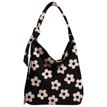 Imagem de Gemfit Sacola feminina de veludo cotelê com zíper - Lindas bolsas Hobo de grande capacidade com bolsos internos para trabalho, viagens, Flor preta, One Size