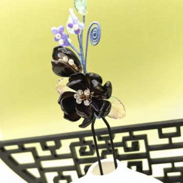 Imagem de 1 grampo de cabelo de lótus preto Cayyoomm com flores silvestres azuis - bastão de cabelo de filosofia zen chinesa, acessório de cabelo gótico Hanfu para mulheres (Lótus preto)