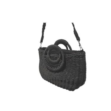 Imagem de Bolsa Artesanal Meia Lua, Palha Natural, Forrada com Tecido, Alças Ajustáveis, Fechamento com Zíper, 31x20x10cm, para Praia e Piscina,preto