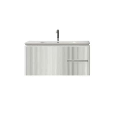 Imagem de Armário de espelho de banheiro moderno montado na parede/base flutuante, design minimalista, armazenamento oculto, totalmente montado, vários tamanhos e opções de estilo (base branca)