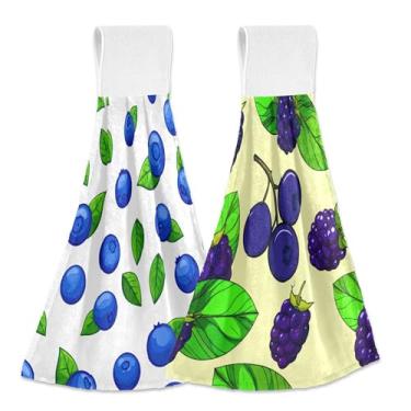 Imagem de SEHANY Toalhas de cozinha de mirtilo de frutas toalha de mão pendurada com laço e gancho, 2 peças de toalhas de mão absorventes macias para banheiro cozinha decoração de bar de chá
