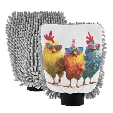 Imagem de ODAWA 2PK Luvas de carro de microfibra reutilizáveis sem riscos para lavar, galinhas engraçadas, tamanho G 20,5 cm x 30 cm