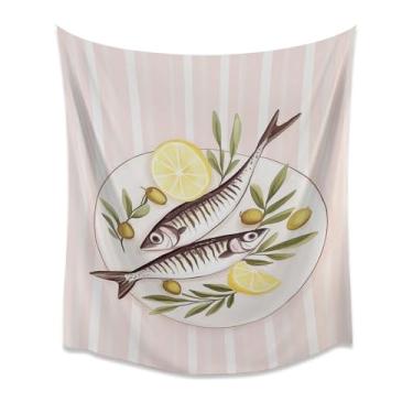 Imagem de Listrado Sardinhas Limões Azeitonas Prato Cozinha Tapeçaria de Parede Mediterrâneo Costa Decoração de Jantar Moderno Ilustração Comida Tecido Pastel Poster Para Café da Manhã Bar Espaço Branco 76 x