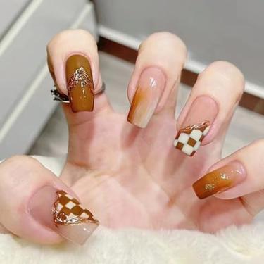 Imagem de Esmalte xadrez marrom moderno - design longo gradiente trapezoidal, esmalte geométrico exclusivo para manicure