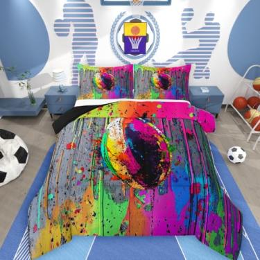 Imagem de jejeloiu Jogo de cama macio de rúgbi, para meninos e meninas, conjunto de edredom esportivo de tamanho casal, edredom com tema esportivo, microfibra colorida, graffiti, estilo hip hop, decoração de