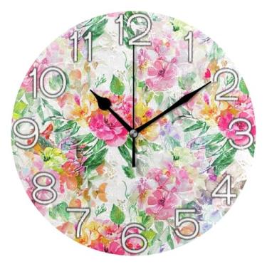 Imagem de GAIGEO Vibrante aquarela flores plantas relógio de parede analógico relógio de cozinha bonito estético silencioso sem tique-taque, decoração de parede de casa de fazenda moderna, 25 cm, ponteiros