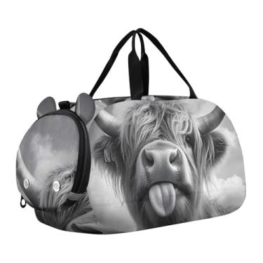Imagem de Bolsa esportiva de viagem para meninos, burro, desenho animado, cavalo, durante a noite, para o fim de semana, bolsas de viagem, bolsa esportiva de dança, Funny Highland Cow Black 2, Clássico
