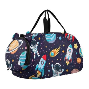 Imagem de Bolsa esportiva para meninos com desenho animado colorido de gatos rosa vibrante durante a noite para meninas para viagem, academia, bagagem infantil, Desenho animado de astronautas espaciais fofos