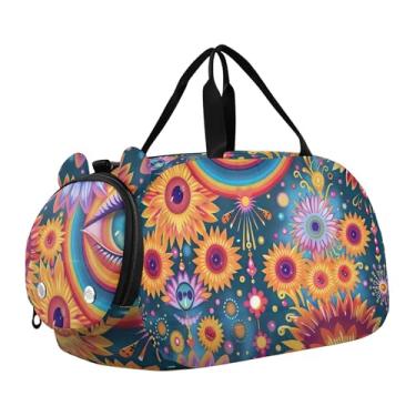 Imagem de Bolsa de viagem rosa com flores de cerejeira para meninas, bolsa de viagem para academia noturna, bolsa esportiva para meninos, flores retrô psicodélicas coloridas, Clássico