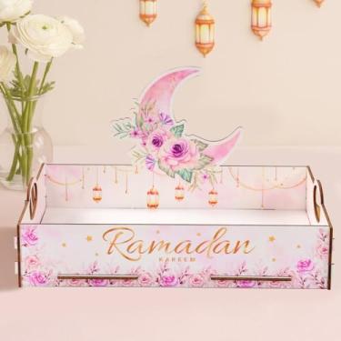 Imagem de Bandejas de servir Ramadã, bandeja de servir em aquarela rosa com estampa de flor e lua, lanches muçulmanos islâmicos, doces, bandeja central para festa, utensílios de mesa, sobremesas, armazenamento
