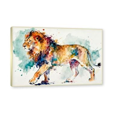 Imagem de NHLDZYH Moldura dourada. Quadro abstrato de leão - arte moderna com salpicos de cor vibrante - arte de parede energética para casa, escritório ou negócios - tela decorativa. A23. 50 x 75 cm.