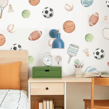 Imagem de FYSUIMU Adesivo de parede esportivo decalque de parede aquarela basquete futebol futebol tênis badminton quarto mural adesivos para casa sala de aula festa decoração DIY