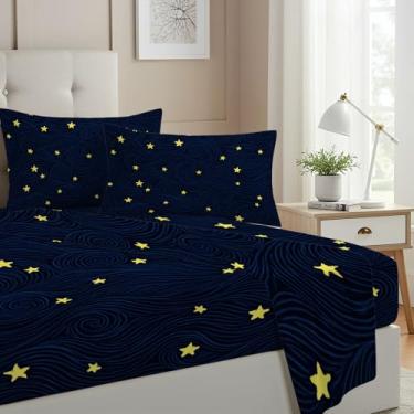 Imagem de Allenjoy Jogo de lençol com botão, céu estrelado sonhador com elástico, lençol de cima e 1 fronha para decoração de quarto de bebê, quarto de bebê, lavável na máquina, durável, tamanho solteiro
