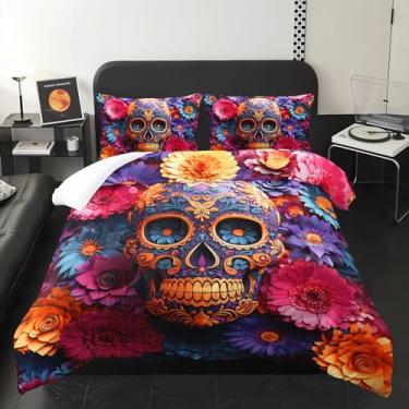 Imagem de lneffble Jogo de cama king size de caveira rosa de açúcar colorido, com 1 edredom e 2 fronhas