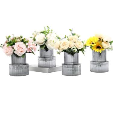 Imagem de YANWE1 Vasos de vidro canelados, conjunto de 4 vasos pequenos para flores, vaso de vidro preto para tulipas, vaso moderno para sala de estar, cozinha, escritório, entrada, estante de livros, presentes