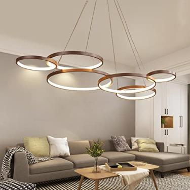Imagem de Luminária pendente moderna de LED com 6 anéis, marrom, 88W, dimerizável com controle remoto, para sala de estar, sala de jantar, quarto, lustre com altura ajustável.