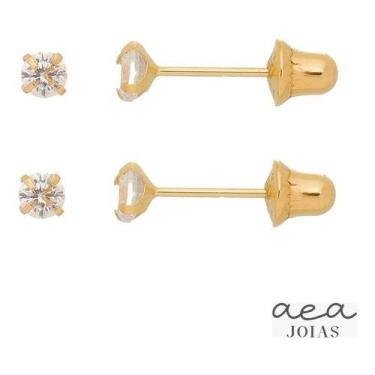 Imagem de 2 Brinco Infantil Ouro 18k Pedra 3mm Zirconia 2º Furo - Aea Jóias, Dou