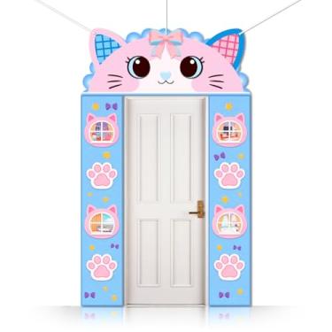 Imagem de CUTHOLLOW 3 peças de decoração de gato fofo desenho animado bandeira de sinal de varanda, padrão temático de animais, decorações de festa pendurado banner de porta de boas-vindas para grils pano de