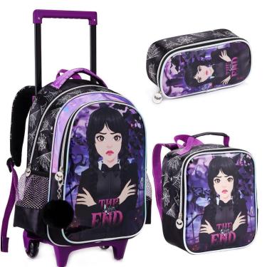Imagem de Kit Mochila Rodinha Lancheira Estojo Infantil Escolar Menina Wandinha Addans Denlex-Feminino