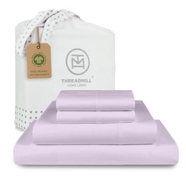 Imagem de Threadmill Jogo de lençol 100% algodão orgânico – Casal, 4 peças, lilás – Certificado GOTS – Lençóis leves e refrescantes com elástico total para lençol com elástico de até 41 cm de profundidade