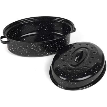 Imagem de Assadeira de 40,6 cm com tampa – Torrador oval coberto – Panela de aço carbono esmaltado – Excelente distribuição de calor e não pegajosa – para carne de frango e legumes de peru – presentes de