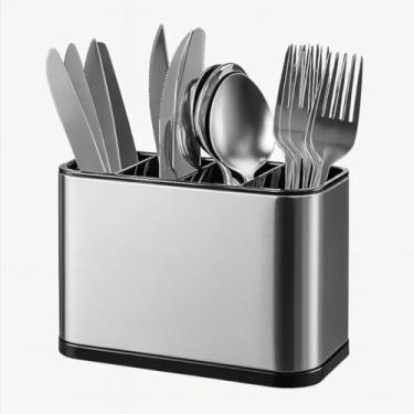 Imagem de Escorredor Porta Talheres Aço Inox com 4 Divisórias, Sistema de Drenagem, Design Moderno, Organizador Compacto de Utensílios para Cozinha
