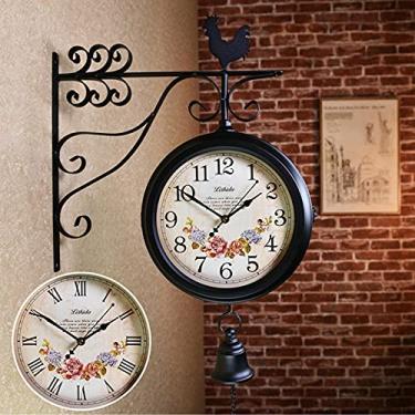 Imagem de SLGGPJBU Relógio de parede frente e verso relógio vintage relógio de parede antigo relógio de estação externa design de ferro forjado dupla face relógio de estação ao ar livre B