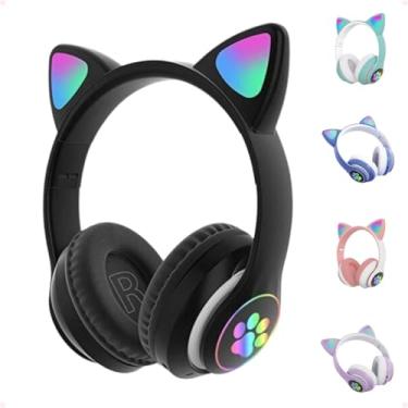 Imagem de Fone de Ouvido com Orelha de Gatinho Infantil com Luzes RGB nas Orelhinhas e Patinhas Para Crianças Tamanho Ajustável Dobrável Headphone Bluetooth Conectividade Multiuso Premium (Preto)