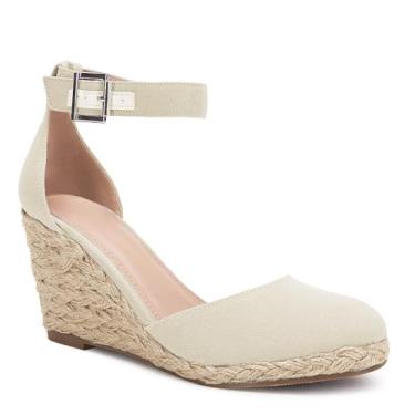 Imagem de Coziavenue Sandália feminina de bico fechado, alpargatas, salto plataforma, tira no tornozelo, fivela, Bege, 40