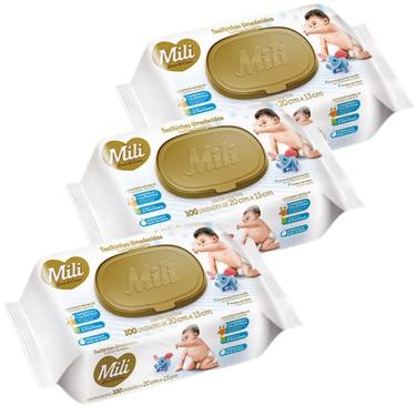 Imagem de Lenço Umedecido  Mili Love & Care  3 Pacotes com 100 unidades  total 300  Toalhinhas Umedecidas
