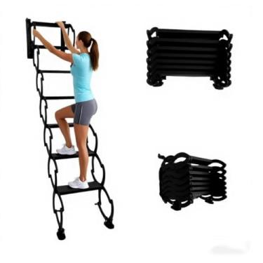 Imagem de Escadas dobráveis retráteis - escada de aço montada na parede, escadas de degrau no sótão de teto, sistema de puxar para baixo interno/externo para telhados e garagens, branco (H205 cm/80,7 pol.)