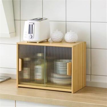 Imagem de Armário de armazenamento de bancada - Despensa de cozinha independente com 2 portas de vidro deslizantes, armário de exibição para cozinha e sala de estar, solução de armazenamento versátil