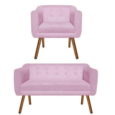 Imagem de Kit Sofá Retrô Namoradeira 02 Lugares e Poltrona Decorativa Julia Sued