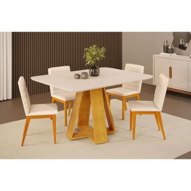 Imagem de Conjunto: Mesa de Cozinha Celeste c/ Tampo Madeirado c/ Vidro Curvo 120x90cm e 4 Cadeiras Sofia Cedro/Off White - Ipe/Linho Neve - DJ Móveis