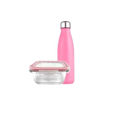 Imagem de Pote Vidro Hermético Marmita 800ml Com Garrafa Térmica Rosa