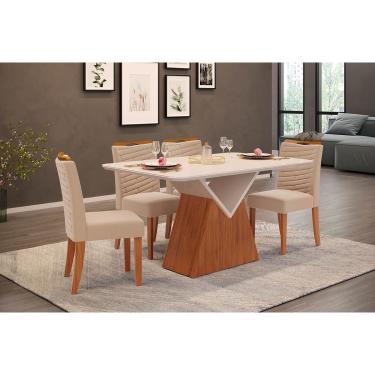 Imagem de Conjunto: Mesa Sala Jantar Argo c/ Tampo Madeirado c/ Vidro Curvo 136x90cm e 4 Cadeiras Julia Freijo/Off White - Suede Kraft - DJ Móveis