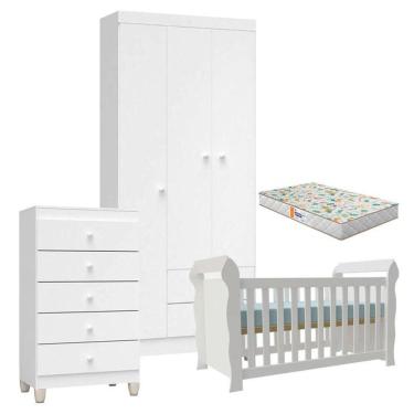 Imagem de Quarto De Bebê 3 Portas Com Gaveteiro Ternura Baby E Berço Lara Branco Brilho Com Colchão Gazin - Incorplac