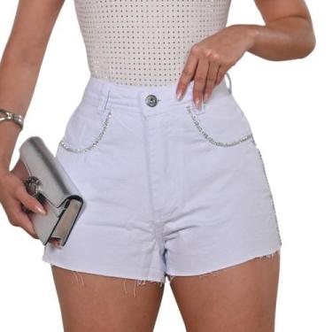 Imagem de Shorts Branco jeans cintura alta com detalhe de strass luxo - Ninas Bo