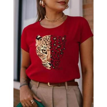 Imagem de Camiseta Feminina Blusinha 100% Algodão Com Estampa Onça Once Animal P