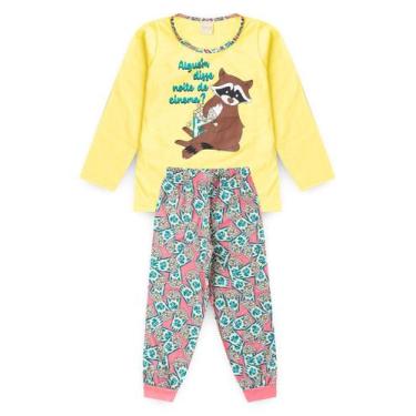 Imagem de Pijama Longo Infantil Menina Amarelo Guaxinim Noite de Cinema - Moleka